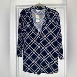 Charter Club Blue and White Graphic 3/4 Sleeve Blouse